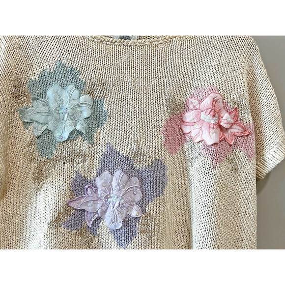 VTG 80s Koret Cream Floral Applique Iridescent Sequin Silk Blend Knit Sweater 2X - Picture 3 of 5